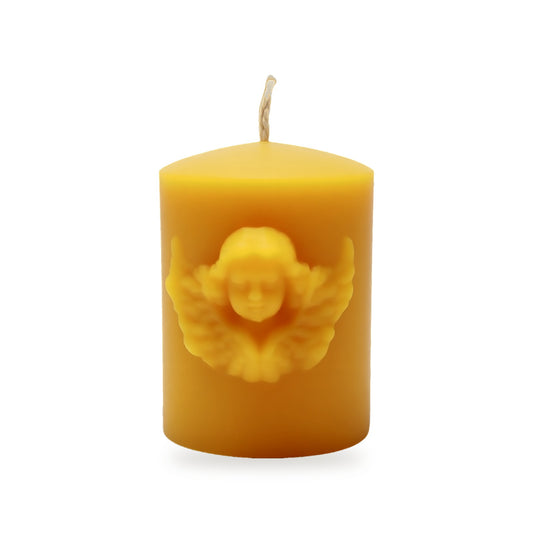 Angel's Face beeswax candle, white background studio photo