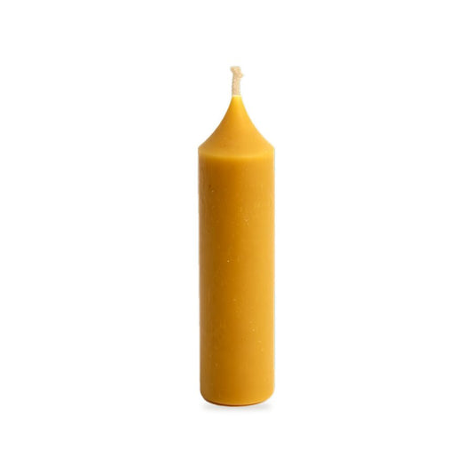 Thick Short Taper beeswax candle, white background studio photo