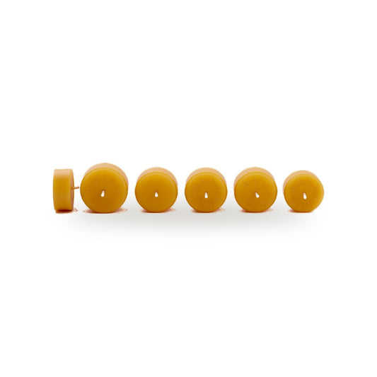 Six beeswax Tea lights lined up in a row with wicks on a white background