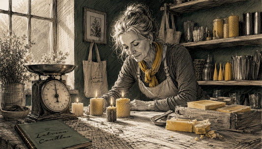 Woman inspecting flames of beeswax candles on workbench