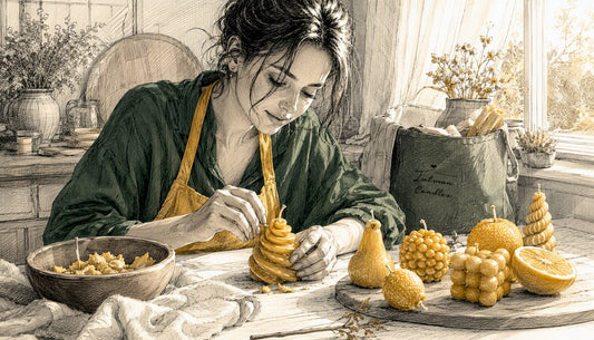 Home beeswax candle crafter arranging sculptural candles