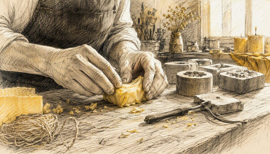 Hands inspecting a handmade beeswax candle
