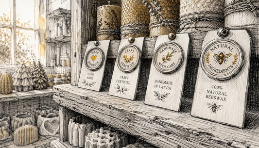 Close-up of artisan craft certification seals on retail products