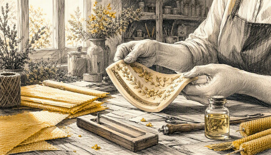 Hands flexing beeswax candle mold in workshop
