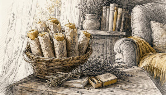 Beeswax candles wrapped in parchment and stored upright