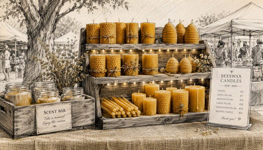 Craft fair candle booth with tiered display and warm lighting