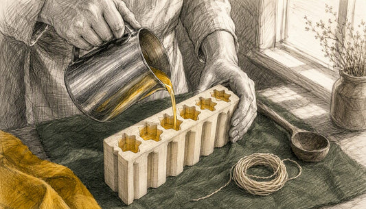 Hands pouring molten beeswax into silicone candle mold