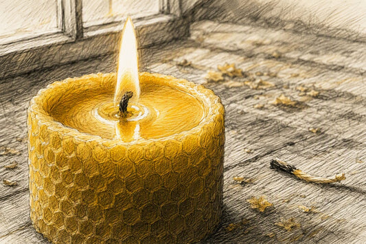 Close-up of beeswax candle melt pool and flame