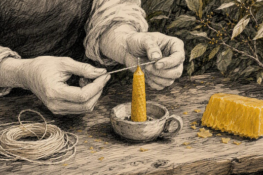 Hands testing wick in beeswax pillar and taper candles