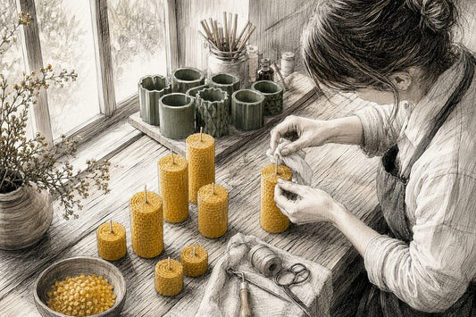 Hands preparing beeswax candles for photography shoot
