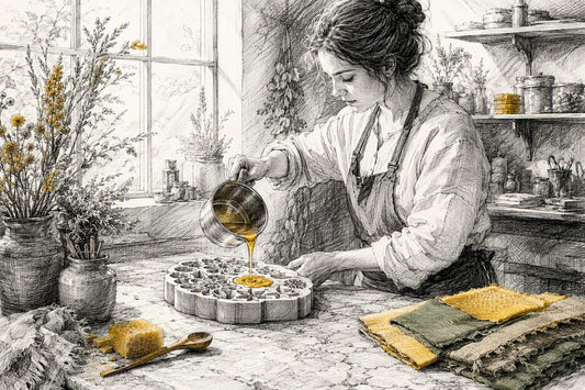 Hands pouring beeswax into silicone mold