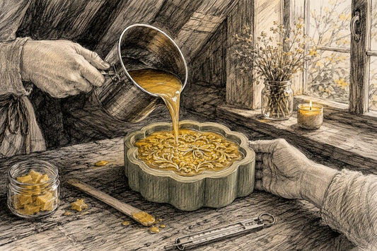 Hands pouring beeswax into silicone mold