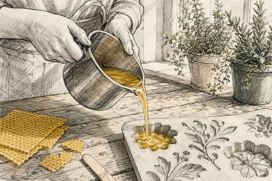 Hands pouring beeswax into silicone mold