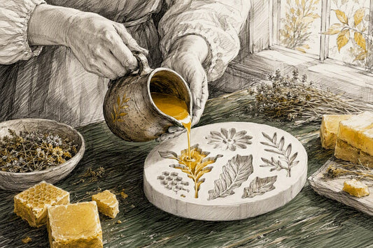 Hands pouring beeswax into silicone mold