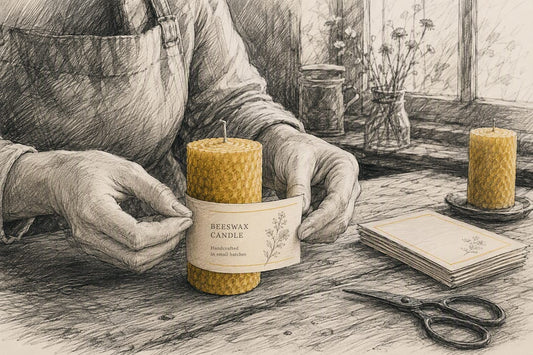 Hands applying label to beeswax candle