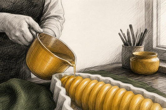 Golden beeswax filling spiral ridges