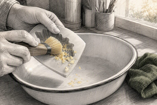 Hands cleaning wax from silicone mold cavity