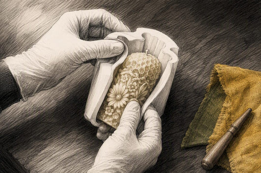 Hands releasing detailed beeswax candle