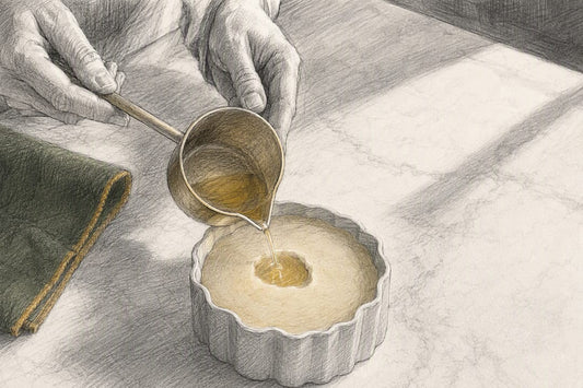 Hands pouring beeswax into a candle depression