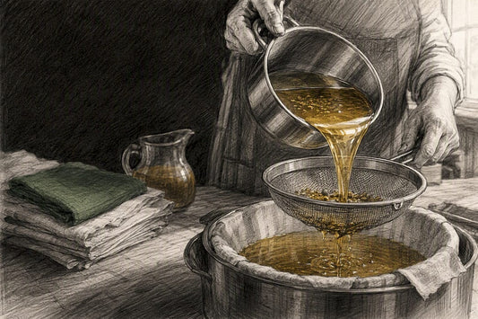 Warm beeswax passing through a coarse sieve