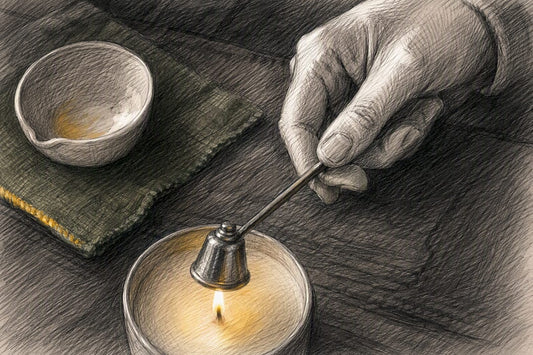 Hand extinguishing candle with metal snuffer
