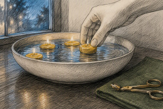 Beeswax tea lights floating during a water test