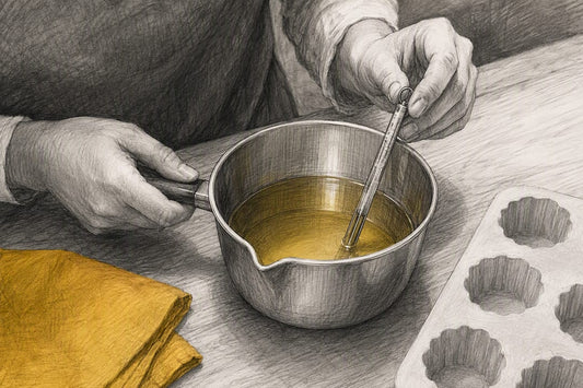 Hands checking beeswax temperature before pouring
