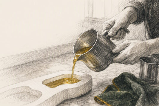 Hands pouring beeswax into a silicone mold
