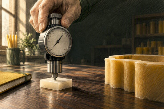 Durometer measuring silicone hardness beside mold edge