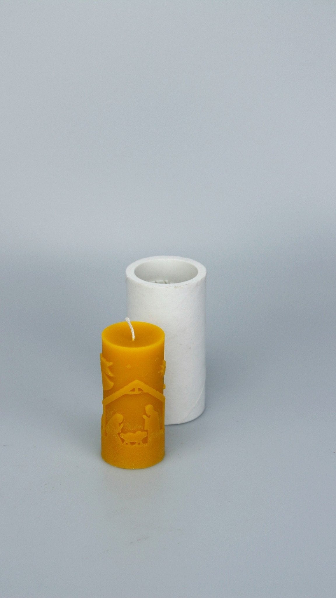 Christmas Scene candle and mould, side view