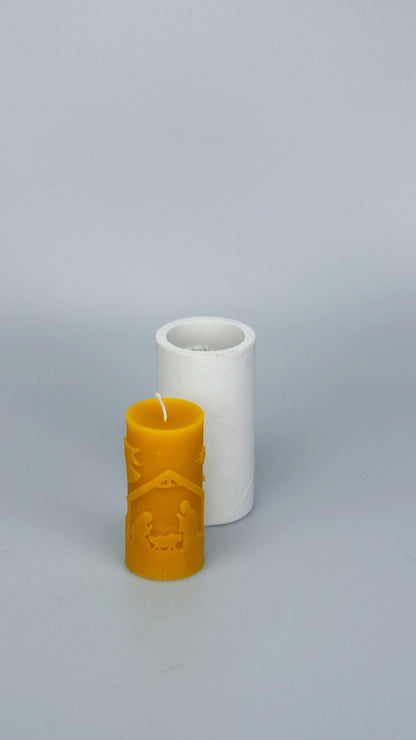 Christmas Scene candle and mould, side view