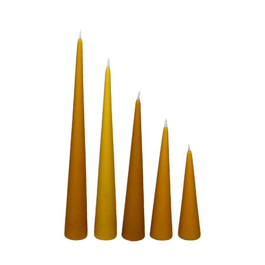 Cones beeswax candles in five sizes, white background studio photo