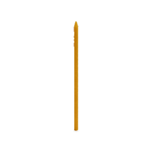 Single long thin Long Tiny Tapers beeswax candle on a white background