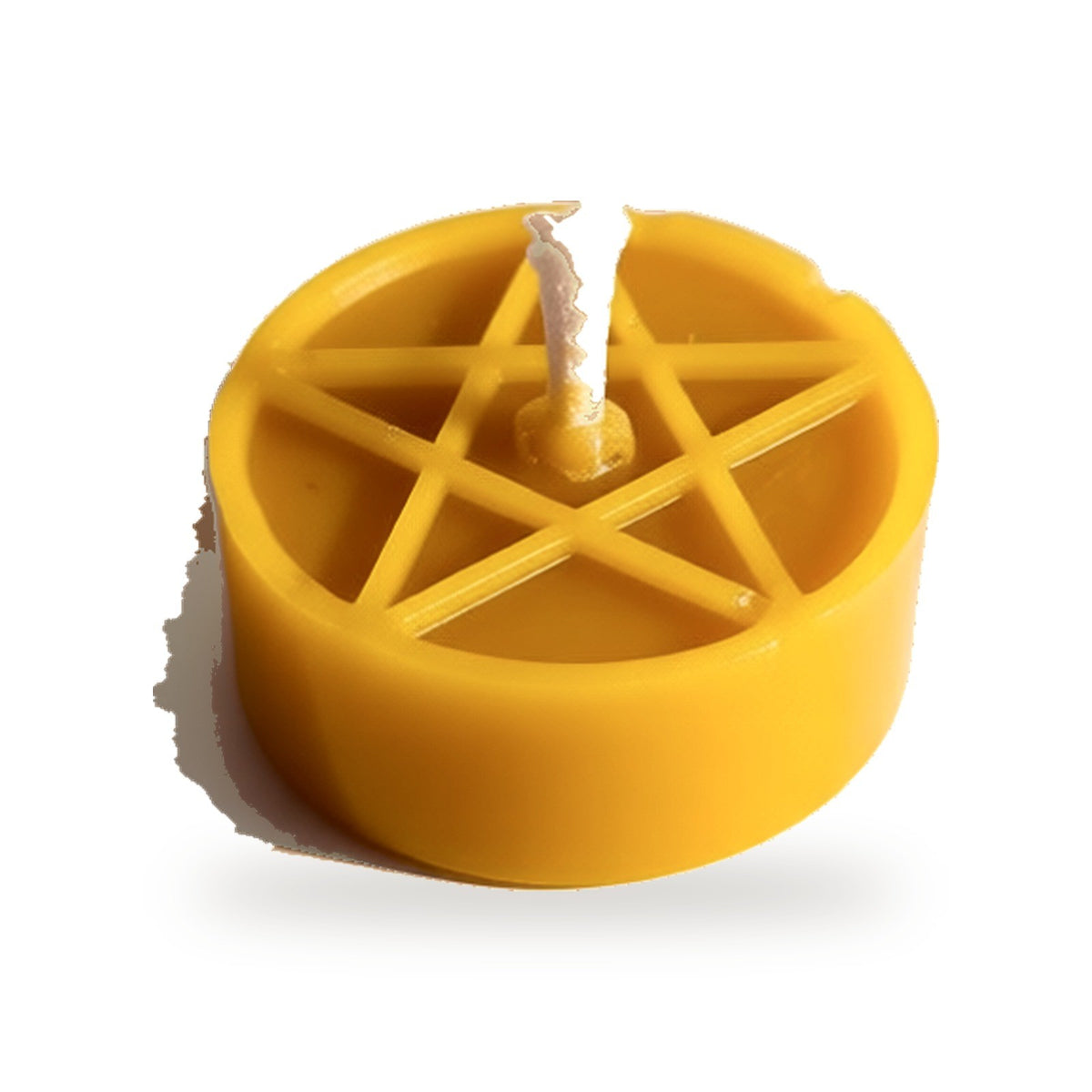 Close-up of a Star tea light beeswax candle with a raised five-pointed star on top, white background