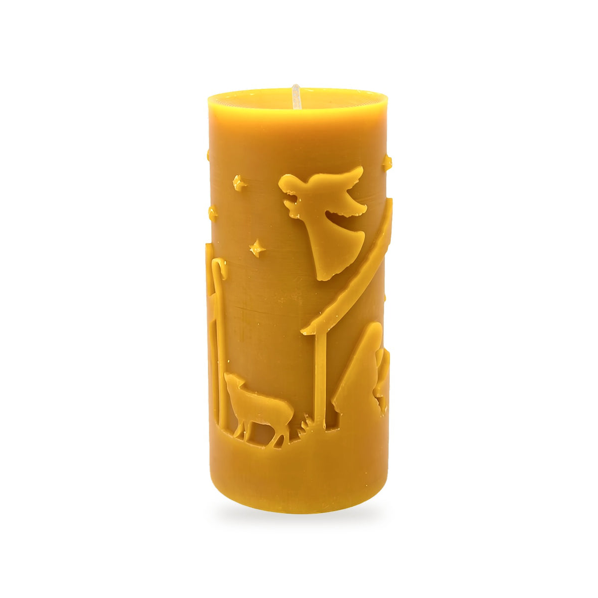 Christmas Scene beeswax candle, white background studio photo