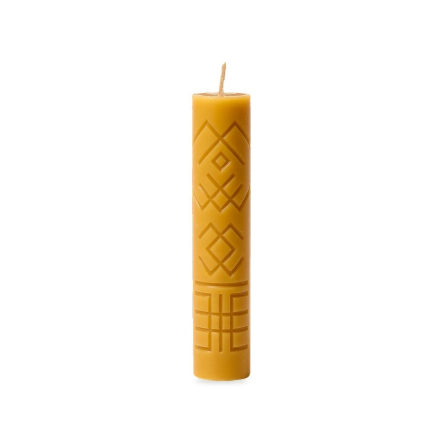Geometric Folk Signs 2 beeswax candle, white background studio photo