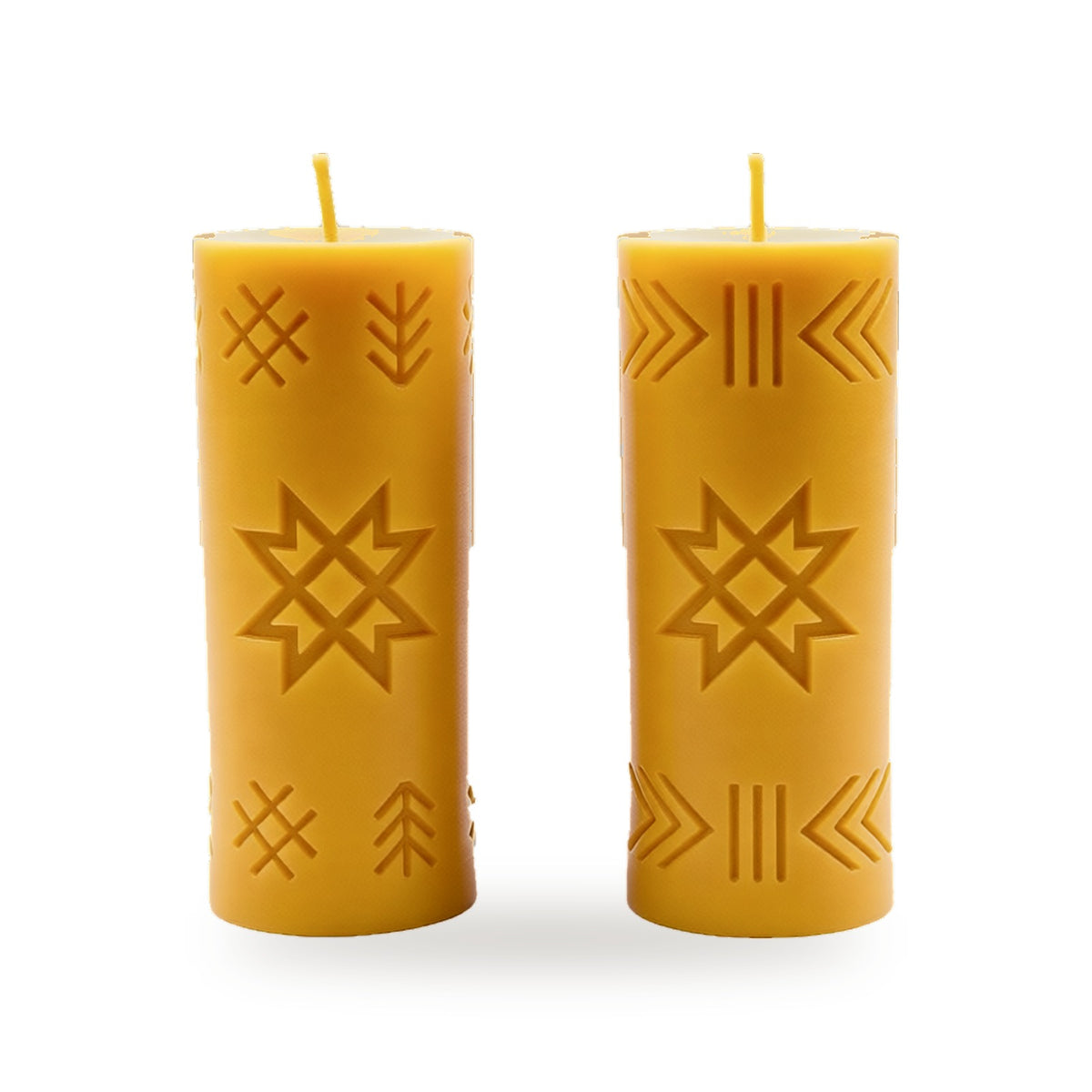 Latvian Folk Signs beeswax candle, white background studio photo
